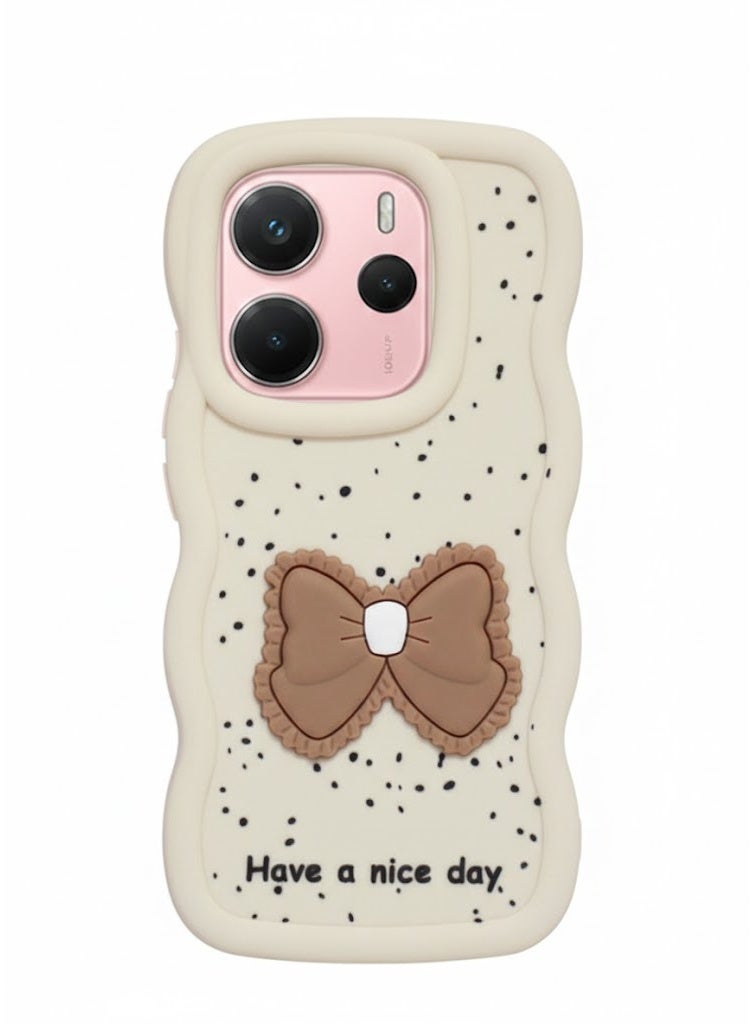 جراب متوافق مع هاتف Redmi Note 14 [حماية من السقوط] جراب هاتف ناعم من مادة TPU بنمط فيونكة ثلاثية الأبعاد، مقاوم للصدمات، يوفر حماية كاملة للهاتف (بيج)